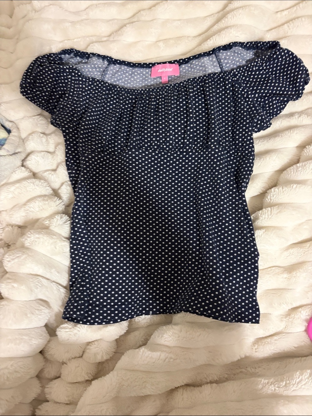 Edikted Navy and White Polka Dot Off-Shoulder Top